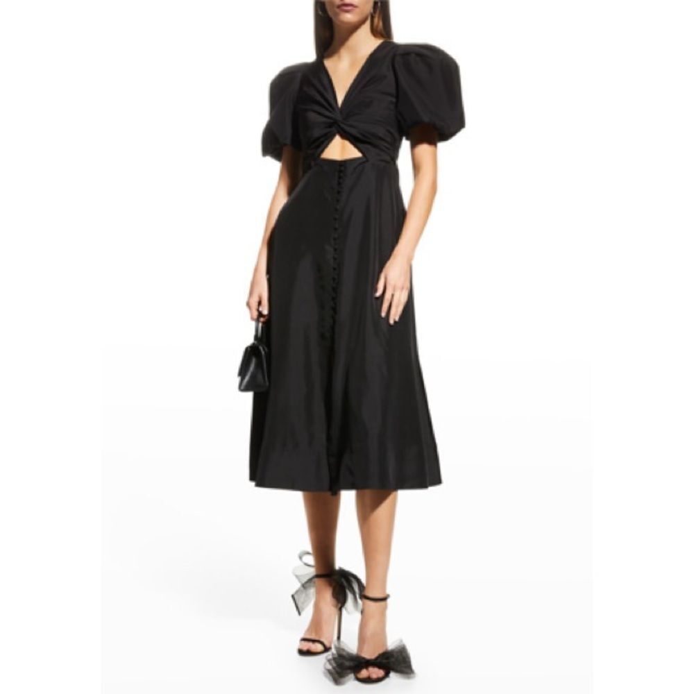 Rebecca Vallance Darlene Midi Dress Black Silk Cut Out Button Front 10 Puff